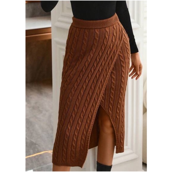 048 Cable Knit Split Thigh Ribbed Midi Skirt - Picture 2 of 3